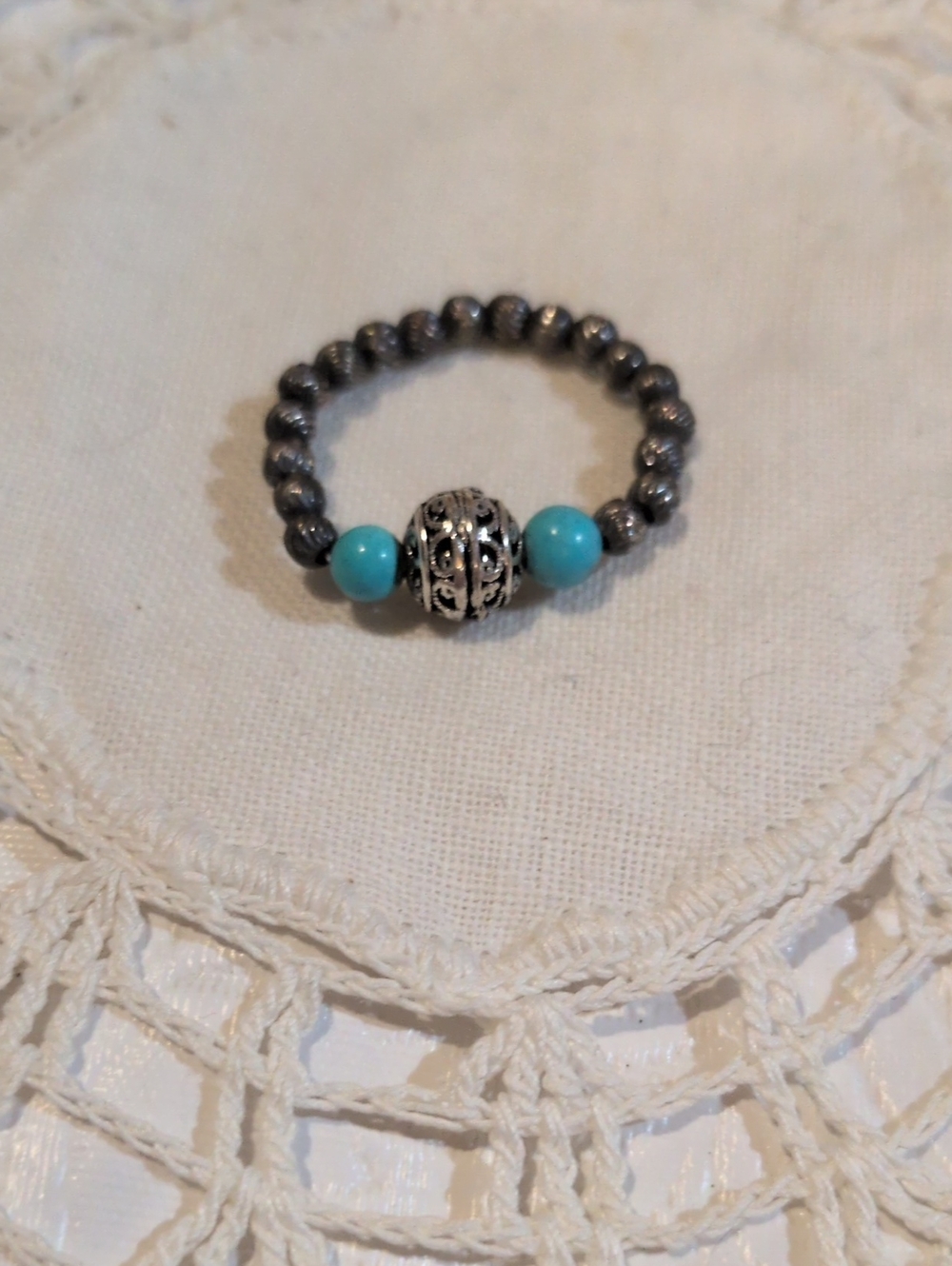 Turquoise Accent Sterling Silver Beaded Stretchy Ring with Silver Filigree